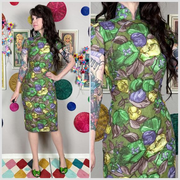 Vintage 1950s Green Floral Cheongsam Qipao Sheath Dress - Picture 1 of 7